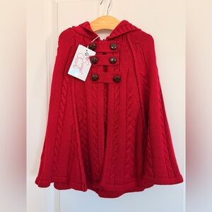 Sweet Charlotte Red Hooded Knit Cape with Buttons